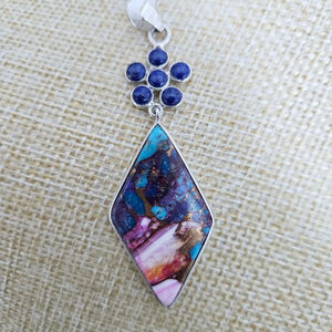 .925 Sterling Silver Spiny Oyster Copper Turquoise/Lapis Handmade Pendant